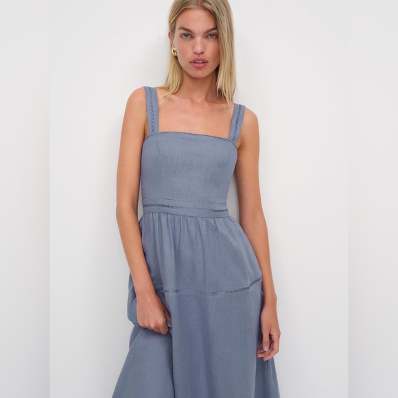 Reformation blue Everett linen midi sleeveless dress in sunflower size 0 - Picture 5 of 10